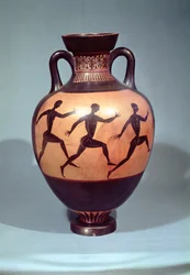 Panathenäische schwarzfigurige Amphore, die ein Wettrennen darstellt